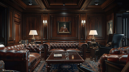A masculine den with leather furniture and dark wood paneling. - obrazy, fototapety, plakaty