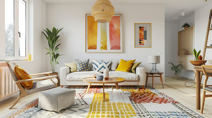 Obraz na płótnie Canvas Scandinavian style living room featuring pops of color against a white backdrop