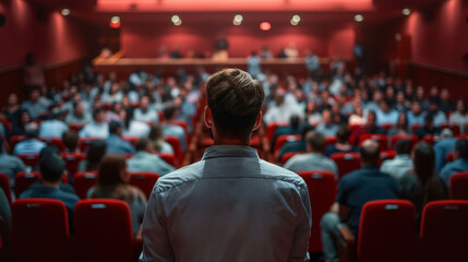 Rear view of people in audience at the conference hall, Speaker giving a talk in conference hall at...
