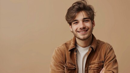 Fototapeta na wymiar Handsome smiling, happy and pleased stoic man with positive vibes. Portrait of a joyful young man with beautiful hair and fashionable clothes.