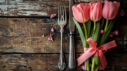 Wedding table setting with silverware, pink tulip, and ribbon tied with pink ribbon on white wooden texture background. Happy Easter greeting card, top view, close up. - Powered by Adobe