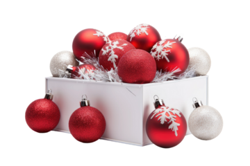 White Box Filled With Red and White Ornaments. on a White or Clear Surface PNG Transparent Background.