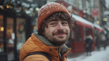 Fototapeta premium Handsome smiling, happy and pleased stoic man with positive vibes. Portrait of a joyful young man with beautiful hair and fashionable clothes.