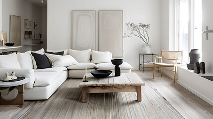 Scandinavian style living room incorporating sleek, minimalist coffee tables