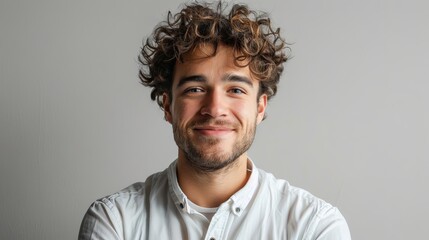 Obraz premium Handsome smiling, happy and pleased stoic man with positive vibes. Portrait of a joyful young man with beautiful hair and fashionable clothes.