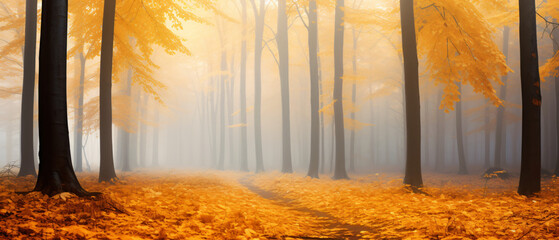 Atmospheric autumn forest in the fog. 