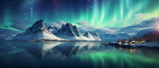 Aurora borealis over the sea coast snowy mountains and