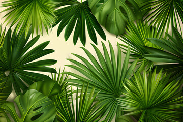 Hand-drawn seamless pattern of fan palm tropical leaves on a light background, ideal for web, card, poster, cover, invitation, brochure.