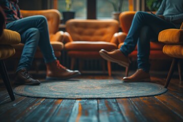 Diverse people sitting in a close circle and talking to a therapist. Group therapy session