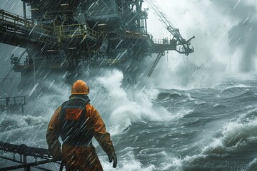 An oil rig worker is standing on top of a boat in the rough seas, battling strong winds. Generative AI