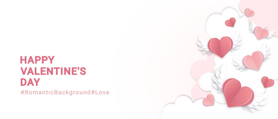 cute pink rectangular background with hearts in clouds in paper style
