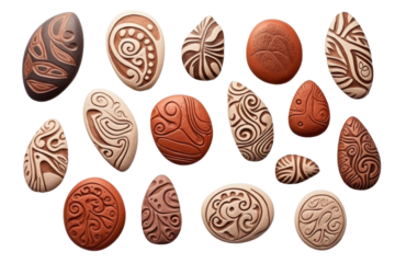 Group of Carved Rocks With Designs. on a White or Clear Surface PNG Transparent Background.