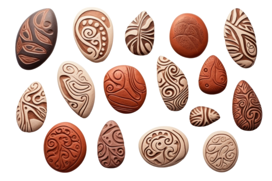 Group of Carved Rocks With Designs. on a White or Clear Surface PNG Transparent Background.