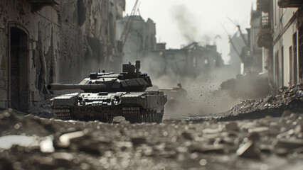 A modern battle tank prowls through a war-torn city's desolate streets.