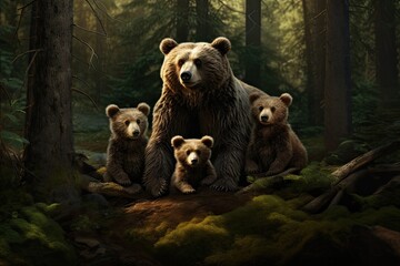 Obraz premium a family of bears standing next to each other in the forest. The bear family consists of three bear cubs and their mother. 