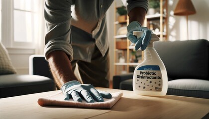 a professional cleaning person in a living room setting, using probiotic disinfectants - obrazy, fototapety, plakaty