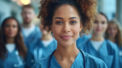 A confident female healthcare professional stands before her team, radiating leadership.