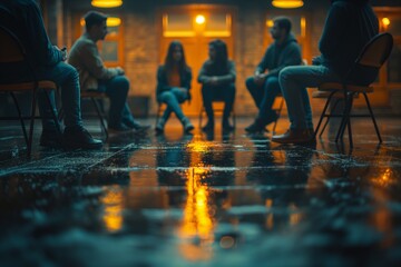 Diverse people sitting in a close circle and talking to a therapist. Group therapy session
