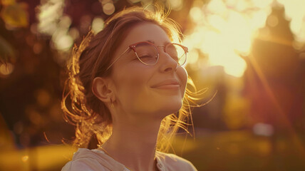 A joyful woman smiling with eyes closed, soaking up the golden sunset glow.