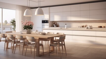 Interior of white modern kitchen with dining table