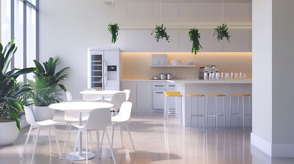 Modern minimalist office interior design featuring minimalist breakroom amenities