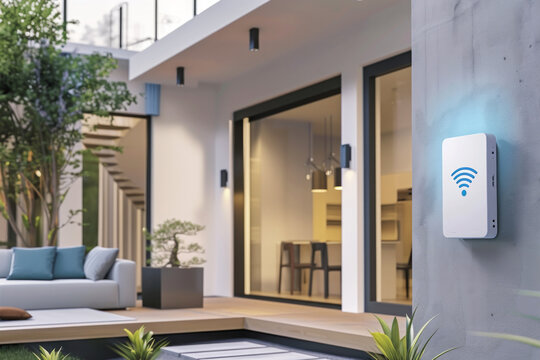 A white box with a blue light on it is mounted on a wall. The box has a wifi symbol on it. The box is next to a patio with a couch and a potted plant. Smart home concept.