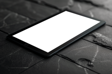 Modern black tablet mockup with a transparent screen on the floor