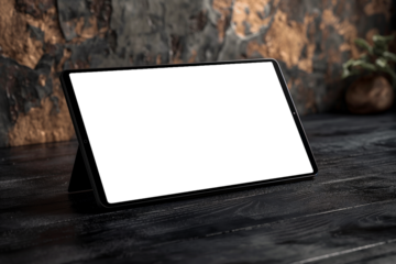 Modern black tablet mockup with a transparent screen on the floor
