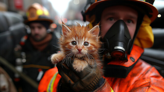 A fireman holds a ginger kitten rescued from a fire in his arms