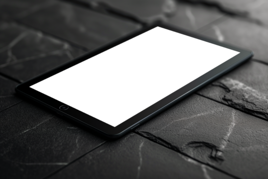 Modern black tablet mockup with a transparent screen on the floor