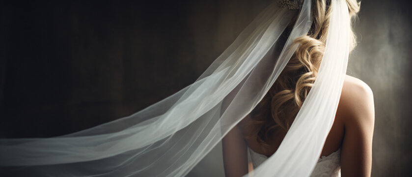 Beautiful bride with wedding dress and veil from behind
