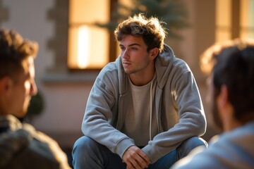Diverse people sitting in a close circle and talking to a therapist. Group therapy session