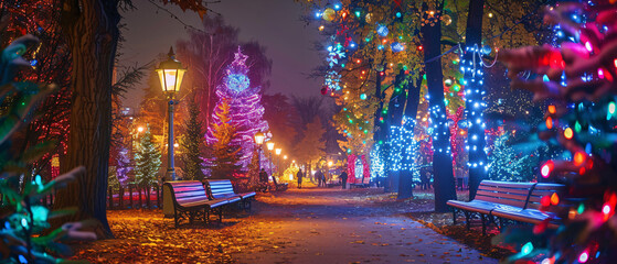 Beautiful festive illuminations in a park. 