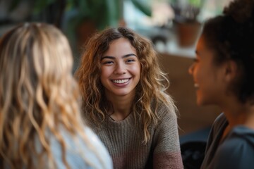 Group therapy session, friends smiling giving psychological support, psychotherapy counseling