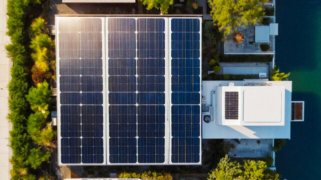 AI generative image of solar cell panels on rooftop, aerial view, sunlight reflexed on the solar cell panels.