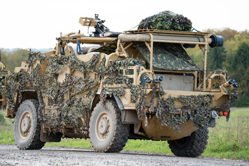close-up of a British army Supacat Jackal 4x4 rapid assault, fire support and reconnaissance...