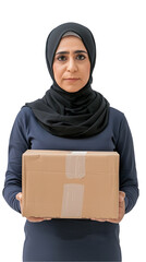  Muslim woman, happy and joyful, with a carton box sign to send a parcel