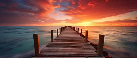 Gartenposter Beautiful sunset at the wooden jetty at the beach  © Black