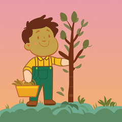 Cartoon gardener planting seedlings