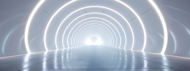 Empty 3D room with a white background, featuring a futuristic technology tunnel stage floor. Abstract space corridor with a silver road element creates a captivating and modern interior scene.