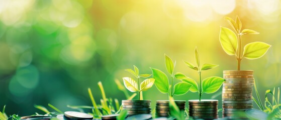 Young, vibrant green plant shoots spring forth from ascending stacks of coins against a backdrop of soft-focus foliage and sunlight, symbolizing financial growth and the prosperous marriage of ecology - obrazy, fototapety, plakaty