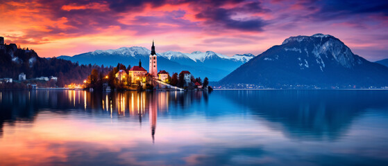 Bled lake in Slovenia famous and very popular landmark - obrazy, fototapety, plakaty