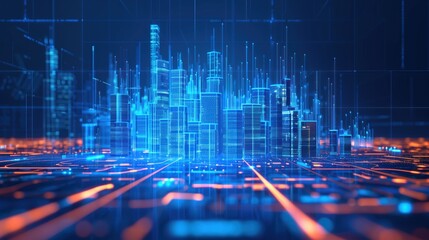Digital Cityscape, network of digital infrastructure visualizes a city of the future, with glowing blue buildings and pulsating data streams representing the vibrant heartbeat of a smart urban grid