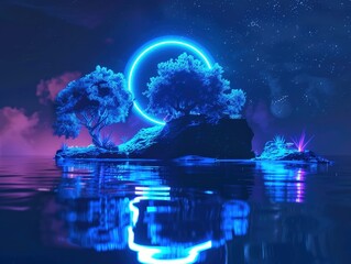 Neon Isle Reverie, An island pulses with neon glow, framed by a cosmic halo and ethereal lights under a starry sky, creating a surreal landscape that melds the natural world with dreamlike fantasy - obrazy, fototapety, plakaty