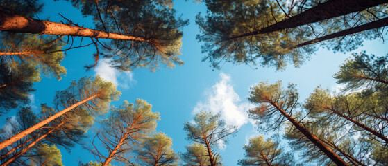 Blue sky through tops of high pine trees. Nature background