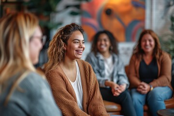 Fototapeta premium Group therapy session, friends smiling giving psychological support, psychotherapy counseling