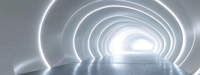Obraz premium Empty 3D room with a white background, featuring a futuristic technology tunnel stage floor. Abstract space corridor with a silver road element creates a captivating and modern interior scene.