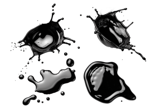 A set of black oil splashes isolated on a transparent background