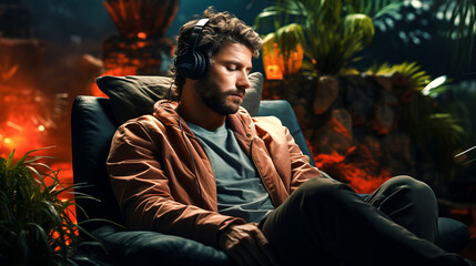 A man wearing headphones and siting in the comfortable armchair with his eyes closed with a peaceful expression on his face on nature background.