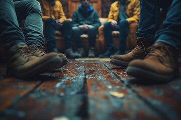 Diverse people sitting in a close circle and talking to a therapist. Group therapy session - obrazy, fototapety, plakaty